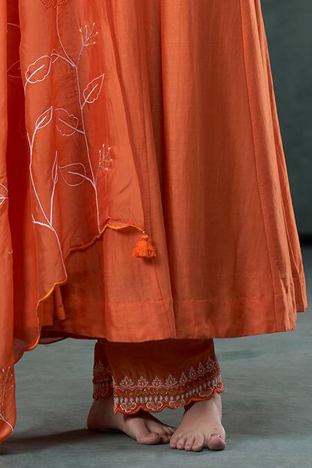 Hirika & Dhruti_Orange Silk, Organza Embroidery, Tassels Round Moti Thread Anarkali Pant Set _Online_at_Aza_Fashions