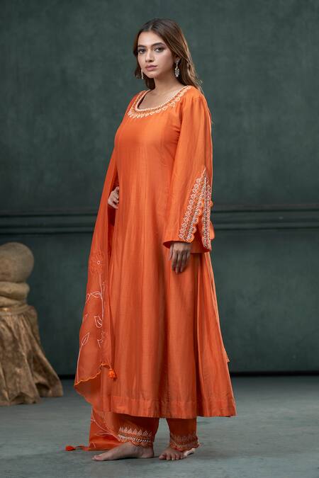 Buy_Hirika & Dhruti_Orange Silk, Organza Embroidery, Tassels Round Moti Thread Anarkali Pant Set _Online_at_Aza_Fashions