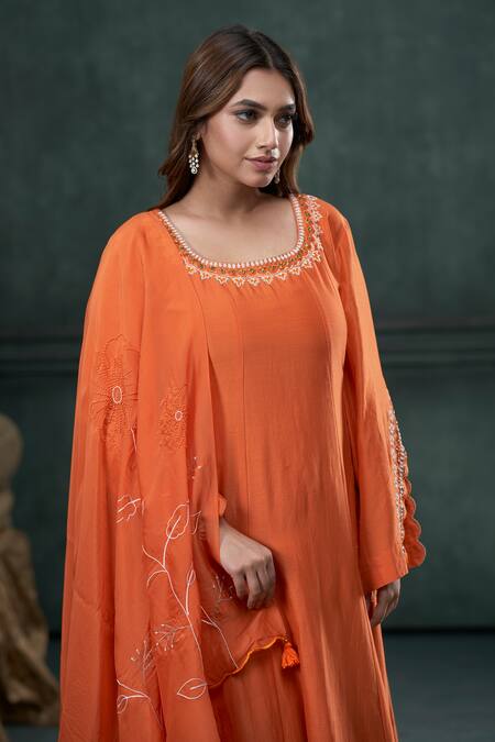 Shop_Hirika & Dhruti_Orange Silk, Organza Embroidery, Tassels Round Moti Thread Anarkali Pant Set _Online_at_Aza_Fashions