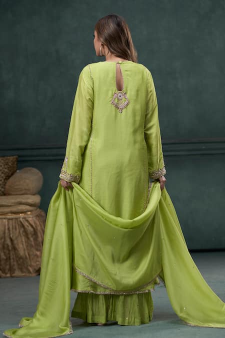 Shop Hirika & Dhruti Green Chanderi Silk, Organza, Chiffon Embroidery, Zardosi Kurta Sharara Set at Aza Fashions Shop_Hirika & Dhruti_Green Chanderi Silk, Organza, Chiffon Embroidery, Zardosi Kurta Sharara Set _at_Aza_Fashions