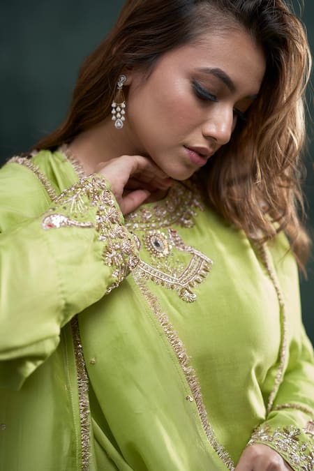 Hirika & Dhruti Green Chanderi Silk, Organza, Chiffon Embroidery, Zardosi Kurta Sharara Set Online at Aza Fashions Hirika & Dhruti_Green Chanderi Silk, Organza, Chiffon Embroidery, Zardosi Kurta Sharara Set _Online_at_Aza_Fashions