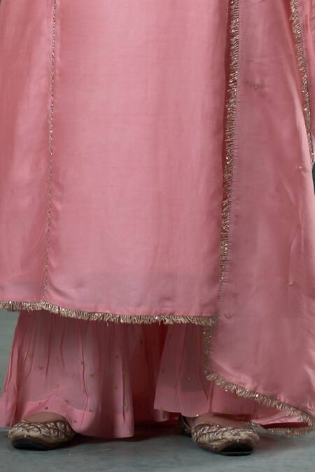 Hirika & Dhruti_Pink Chanderi Silk, Organza Embroidery, Zari Zardosi Bird Kurta Sharara Set _Online_at_Aza_Fashions