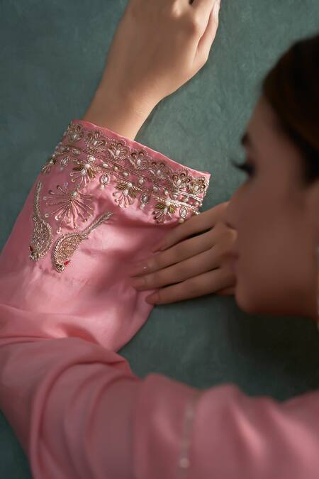 Buy_Hirika & Dhruti_Pink Chanderi Silk, Organza Embroidery, Zari Zardosi Bird Kurta Sharara Set _Online_at_Aza_Fashions