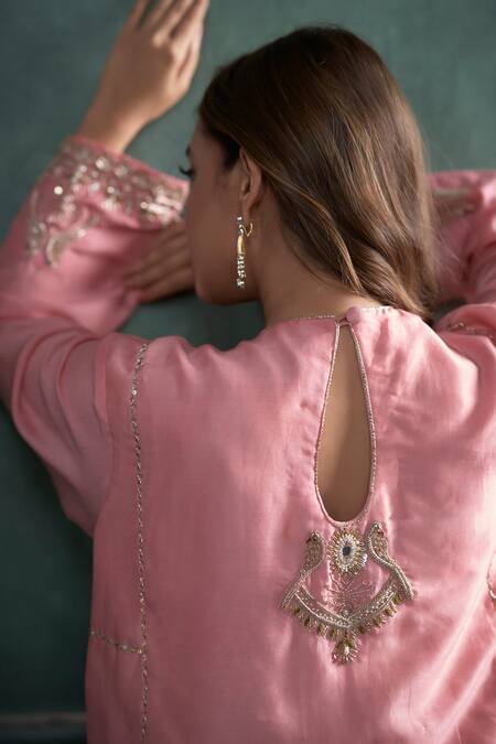 Shop_Hirika & Dhruti_Pink Chanderi Silk, Organza Embroidery, Zari Zardosi Bird Kurta Sharara Set _Online_at_Aza_Fashions