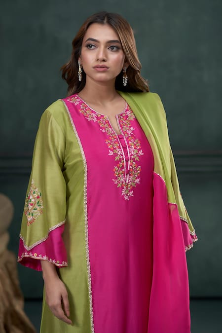 Shop_Hirika & Dhruti_Green Silk, Cotton, Organza Embroidery Split V-neck Floral Kurta Pant Set _at_Aza_Fashions