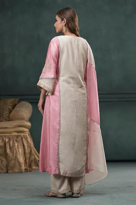 Shop Hirika & Dhruti Pink Silk, Cotton, Organza Embroidery, Sequins Marodi Work Kurta Pant Set at Aza Fashions Shop_Hirika & Dhruti_Pink Silk, Cotton, Organza Embroidery, Sequins Marodi Work Kurta Pant Set _at_Aza_Fashions