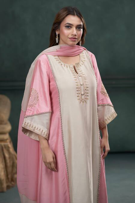 Shop Hirika & Dhruti Pink Silk, Cotton, Organza Embroidery, Sequins Marodi Work Kurta Pant Set Online at Aza Fashions Shop_Hirika & Dhruti_Pink Silk, Cotton, Organza Embroidery, Sequins Marodi Work Kurta Pant Set _Online_at_Aza_Fashions