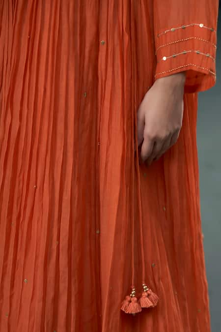Buy_Hirika & Dhruti_Orange Chanderi Embroidery, Tassels V-neck Anagrakha Anarkali Sharara Set _Online_at_Aza_Fashions