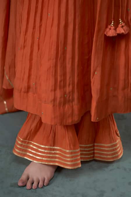 Shop_Hirika & Dhruti_Orange Chanderi Embroidery, Tassels V-neck Anagrakha Anarkali Sharara Set _Online_at_Aza_Fashions