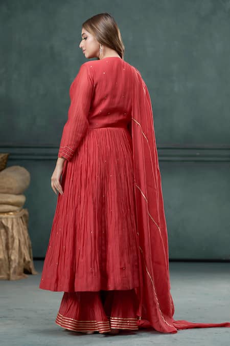 Shop_Hirika & Dhruti_Red Chanderi Sequins, Embroidery V-neck Angarkha Anarkali Sharara Set _at_Aza_Fashions