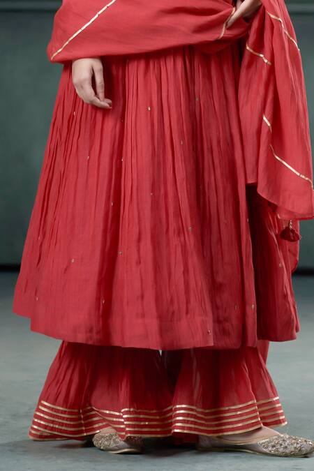Hirika & Dhruti_Red Chanderi Sequins, Embroidery V-neck Angarkha Anarkali Sharara Set _Online_at_Aza_Fashions