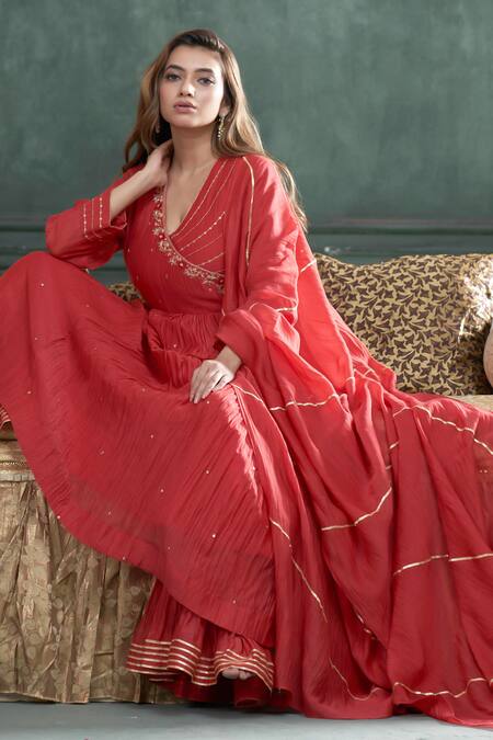 Buy_Hirika & Dhruti_Red Chanderi Sequins, Embroidery V-neck Angarkha Anarkali Sharara Set _Online_at_Aza_Fashions