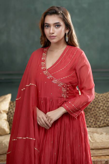 Shop_Hirika & Dhruti_Red Chanderi Sequins, Embroidery V-neck Angarkha Anarkali Sharara Set _Online_at_Aza_Fashions