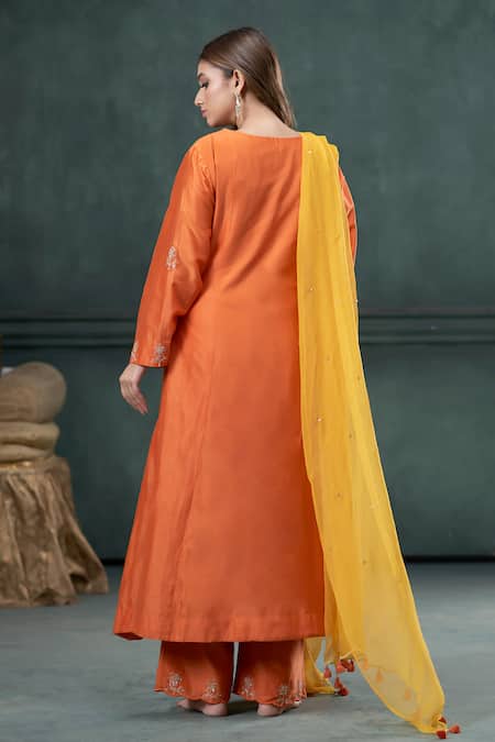 Shop_Hirika & Dhruti_Orange Silk, Georgette, Chiffon Embroidery, Tassels Marodi Work Kurta Pant Set _at_Aza_Fashions