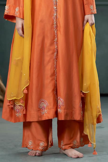Hirika & Dhruti_Orange Silk, Georgette, Chiffon Embroidery, Tassels Marodi Work Kurta Pant Set _Online_at_Aza_Fashions