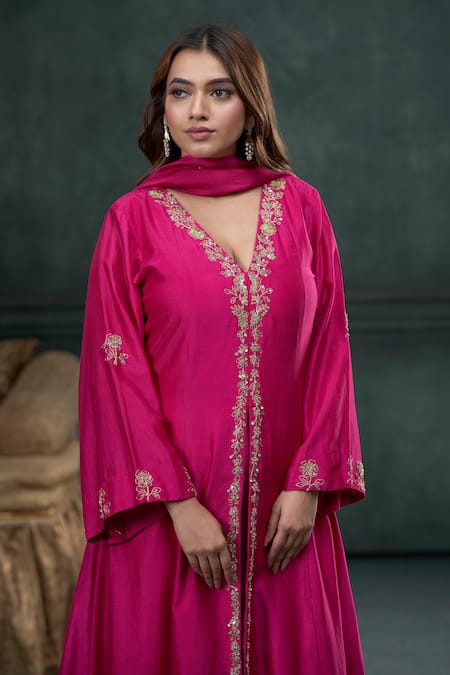 Buy Hirika & Dhruti Pink Silk, Georgette, Chiffon Embroidery V-neck Marodi Kurta Pant Set Online at Aza Fashions Buy_Hirika & Dhruti_Pink Silk, Georgette, Chiffon Embroidery V-neck Marodi Kurta Pant Set _Online_at_Aza_Fashions