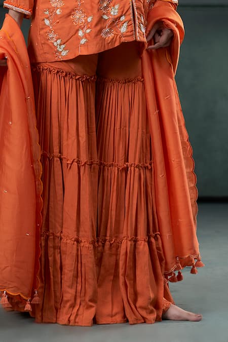 Hirika & Dhruti Orange Modal, Silk, Mohair, Organza Floral Embroidered Short Kurta Sharara Set Online at Aza Fashions Hirika & Dhruti_Orange Modal, Silk, Mohair, Organza Floral Embroidered Short Kurta Sharara Set _Online_at_Aza_Fashions