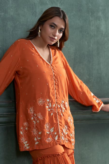 Buy Hirika & Dhruti Orange Modal, Silk, Mohair, Organza Floral Embroidered Short Kurta Sharara Set Online at Aza Fashions Buy_Hirika & Dhruti_Orange Modal, Silk, Mohair, Organza Floral Embroidered Short Kurta Sharara Set _Online_at_Aza_Fashions