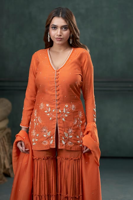 Shop Hirika & Dhruti Orange Modal, Silk, Mohair, Organza Floral Embroidered Short Kurta Sharara Set Online at Aza Fashions Shop_Hirika & Dhruti_Orange Modal, Silk, Mohair, Organza Floral Embroidered Short Kurta Sharara Set _Online_at_Aza_Fashions