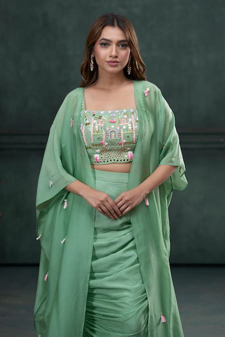 Shop_Hirika & Dhruti_Green Mohair, Silk Organza Mirrors, Embroidery, Tassels Jacket Draped Skirt Set _at_Aza_Fashions