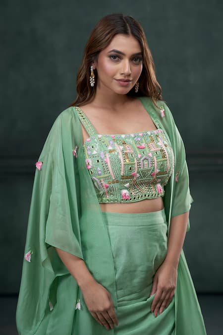 Hirika & Dhruti_Green Mohair, Silk Organza Mirrors, Embroidery, Tassels Jacket Draped Skirt Set _Online_at_Aza_Fashions