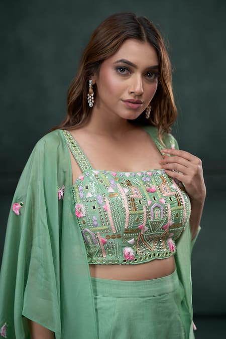 Buy_Hirika & Dhruti_Green Mohair, Silk Organza Mirrors, Embroidery, Tassels Jacket Draped Skirt Set _Online_at_Aza_Fashions