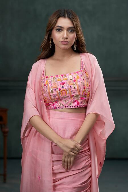 Hirika & Dhruti_Pink Mohair, Silk Organza Embroidery, Mirrors Tassel Jacket Draped Skirt Set _Online_at_Aza_Fashions