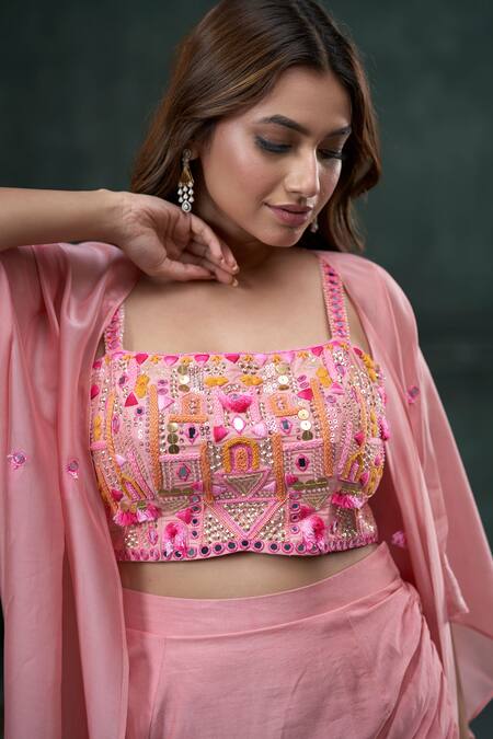 Buy_Hirika & Dhruti_Pink Mohair, Silk Organza Embroidery, Mirrors Tassel Jacket Draped Skirt Set _Online_at_Aza_Fashions