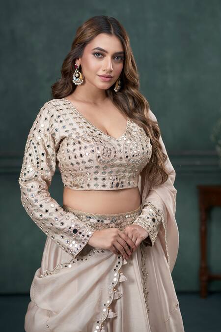 Buy_Hirika & Dhruti_Beige Silk, Chiffon, Organza Mirrors, Tassels V-neck Embroidered Lehenga Set _Online_at_Aza_Fashions