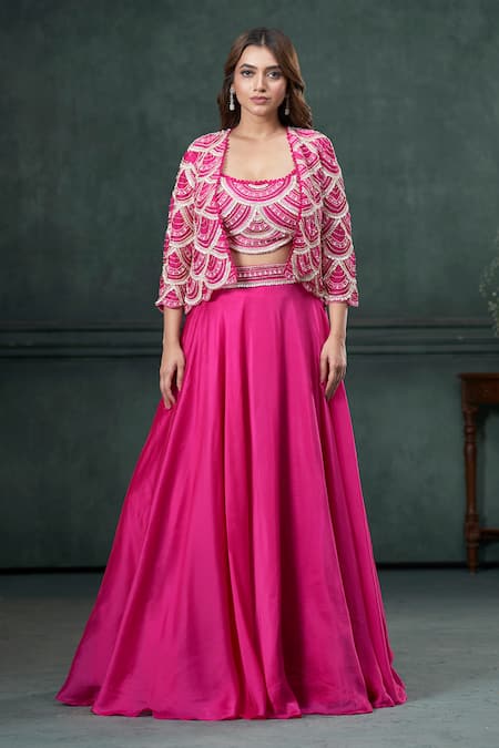 Hirika&Dhruti Pink Organza Silk Embroidered Sequin Jacket Open Short Lehenga Set 