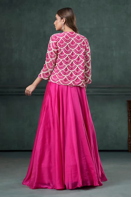 Shop_Hirika & Dhruti_Pink Organza, Silk Sequins, Embroidery Scoop Neck, Open Short Jacket Lehenga Set _at_Aza_Fashions