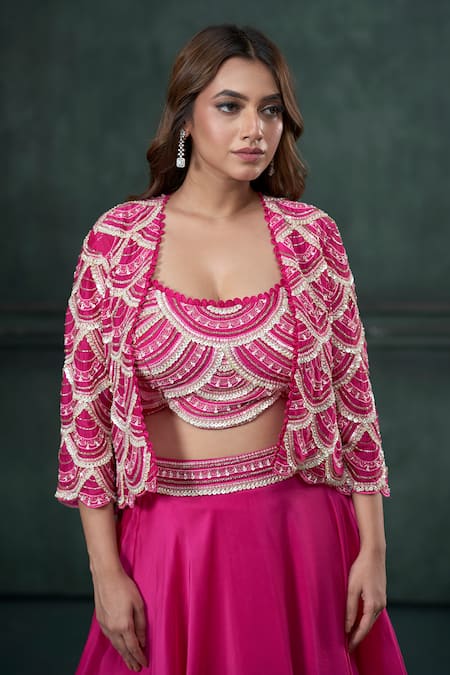 Buy_Hirika & Dhruti_Pink Organza, Silk Sequins, Embroidery Scoop Neck, Open Short Jacket Lehenga Set _Online_at_Aza_Fashions