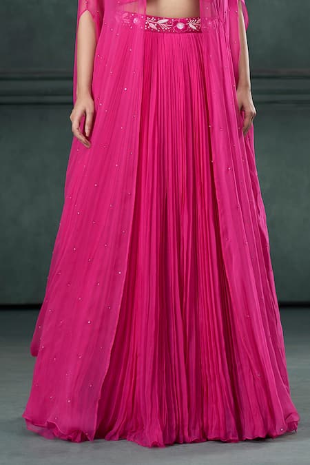 Hirika & Dhruti_Pink Silk, Organza Pearls, Sequins Sweetheart Embroidered Jacket Lehenga Set _Online_at_Aza_Fashions