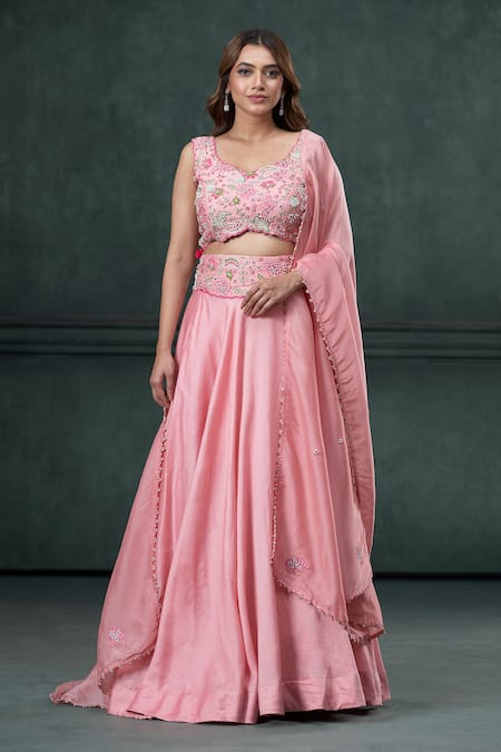 Hirika&Dhruti Pink Lehenga And Blouse Silk Chanderi Embroidered Pearl Cutwork Leaf Floral Set 