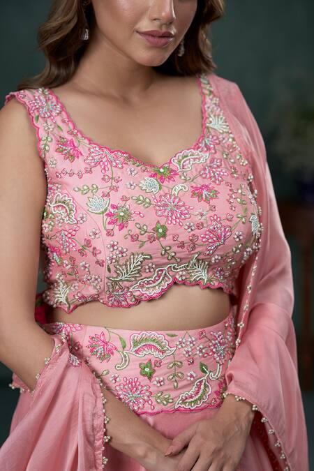 Hirika & Dhruti Pink Silk, Chanderi, Organza Pearls, Embroidery Floral Lehenga Set Online at Aza Fashions Hirika & Dhruti_Pink Silk, Chanderi, Organza Pearls, Embroidery Floral Lehenga Set _Online_at_Aza_Fashions