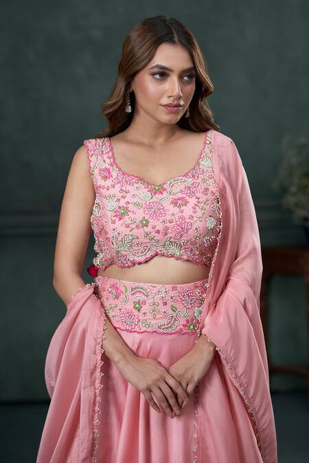 Shop Hirika & Dhruti Pink Silk, Chanderi, Organza Pearls, Embroidery Floral Lehenga Set Online at Aza Fashions Shop_Hirika & Dhruti_Pink Silk, Chanderi, Organza Pearls, Embroidery Floral Lehenga Set _Online_at_Aza_Fashions
