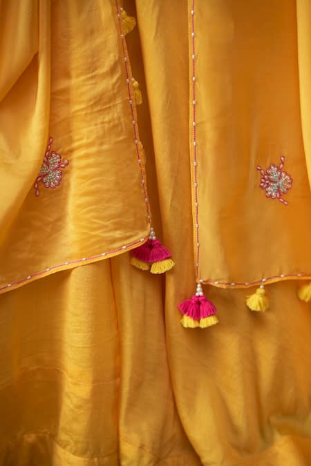 Hirika & Dhruti Yellow Silk, Chanderi, Organza Pearls, Embroidery, Tassels Flared Lehenga Set Online at Aza Fashions Hirika & Dhruti_Yellow Silk, Chanderi, Organza Pearls, Embroidery, Tassels Flared Lehenga Set _Online_at_Aza_Fashions