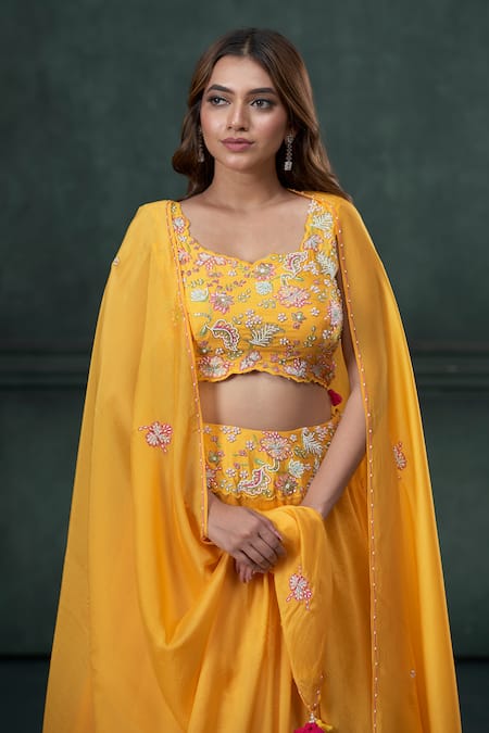 Buy Hirika & Dhruti Yellow Silk, Chanderi, Organza Pearls, Embroidery, Tassels Flared Lehenga Set Online at Aza Fashions Buy_Hirika & Dhruti_Yellow Silk, Chanderi, Organza Pearls, Embroidery, Tassels Flared Lehenga Set _Online_at_Aza_Fashions