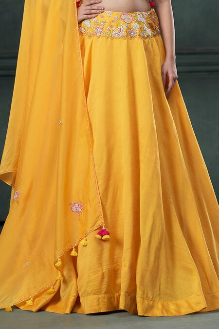 Shop Hirika & Dhruti Yellow Silk, Chanderi, Organza Pearls, Embroidery, Tassels Flared Lehenga Set Online at Aza Fashions Shop_Hirika & Dhruti_Yellow Silk, Chanderi, Organza Pearls, Embroidery, Tassels Flared Lehenga Set _Online_at_Aza_Fashions