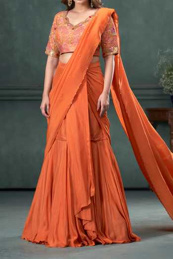 Buy Hirika & Dhruti Orange Ghagra And Blouse Cotton Silk, Drape Embroidered Pre-draped Saree Set For Kids Online at Aza Fashions Buy_Hirika & Dhruti_Orange Ghagra And Blouse Cotton Silk, Drape Embroidered Pre-draped Saree Set For Kids_Online_at_Aza_Fashions