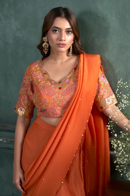 Hirika & Dhruti_Orange Cotton, Silk, Organza Sequins Tikki Embroidered Pre-draped Saree Set _Online_at_Aza_Fashions