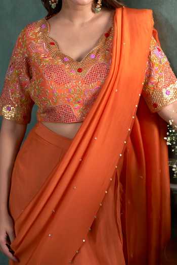 Hirika & Dhruti Orange Ghagra And Blouse Cotton Silk, Drape Embroidered Pre-draped Saree Set For Kids Online at Aza Fashions Hirika & Dhruti_Orange Ghagra And Blouse Cotton Silk, Drape Embroidered Pre-draped Saree Set For Kids_Online_at_Aza_Fashions