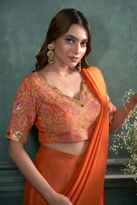 Buy_Hirika & Dhruti_Orange Cotton, Silk, Organza Sequins Tikki Embroidered Pre-draped Saree Set _Online_at_Aza_Fashions