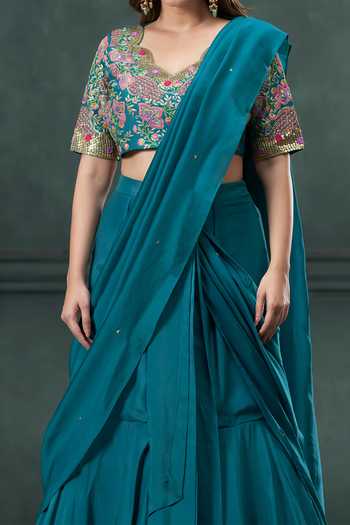 Hirika & Dhruti Green Ghagra And Blouse Cotton Silk, Drape Embroidered Pre-draped Saree Set For Kids at Aza Fashions Hirika & Dhruti_Green Ghagra And Blouse Cotton Silk, Drape Embroidered Pre-draped Saree Set For Kids_at_Aza_Fashions