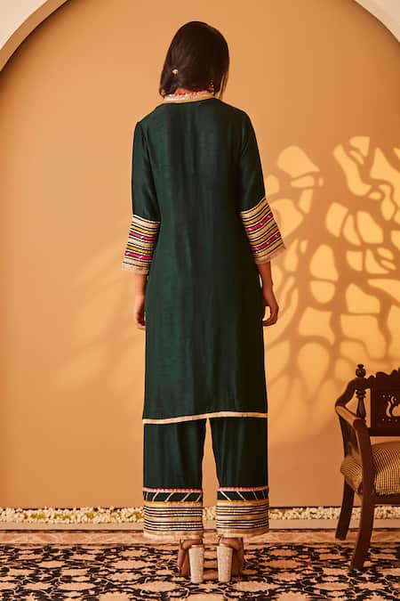 Shop BO Tree Green Satin, Silk Sequins, Gota Arzoo Placket Embroidered Kurta And Pant Set at Aza Fashions Shop_BO Tree_Green Satin, Silk Sequins, Gota Arzoo Placket Embroidered Kurta And Pant Set _at_Aza_Fashions