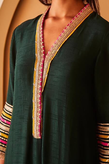 BO Tree Green Satin, Silk Sequins, Gota Arzoo Placket Embroidered Kurta And Pant Set Online at Aza Fashions BO Tree_Green Satin, Silk Sequins, Gota Arzoo Placket Embroidered Kurta And Pant Set _Online_at_Aza_Fashions