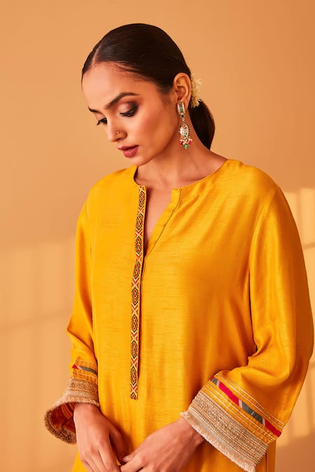BO Tree Yellow Satin, Silk Embroidery, Fringe Parizaad Placket Kurta And Pant Set Online at Aza Fashions BO Tree_Yellow Satin, Silk Embroidery, Fringe Parizaad Placket Kurta And Pant Set _Online_at_Aza_Fashions