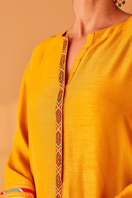 Buy BO Tree Yellow Satin, Silk Embroidery, Fringe Parizaad Placket Kurta And Pant Set Online at Aza Fashions Buy_BO Tree_Yellow Satin, Silk Embroidery, Fringe Parizaad Placket Kurta And Pant Set _Online_at_Aza_Fashions