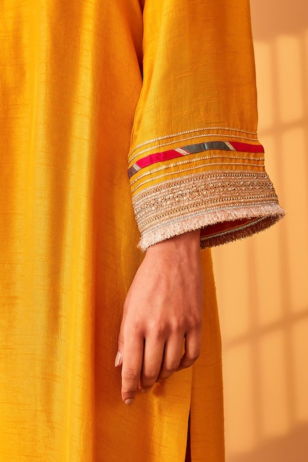 Shop BO Tree Yellow Satin, Silk Embroidery, Fringe Parizaad Placket Kurta And Pant Set Online at Aza Fashions Shop_BO Tree_Yellow Satin, Silk Embroidery, Fringe Parizaad Placket Kurta And Pant Set _Online_at_Aza_Fashions