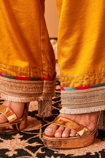 BO Tree Yellow Satin, Silk Embroidery, Fringe Parizaad Placket Kurta And Pant Set at Aza Fashions BO Tree_Yellow Satin, Silk Embroidery, Fringe Parizaad Placket Kurta And Pant Set _at_Aza_Fashions